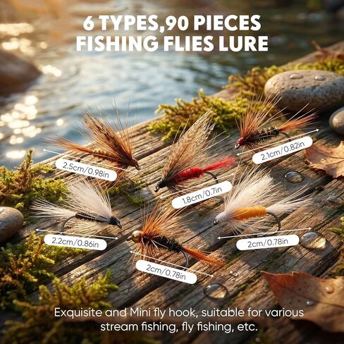 Outus 90 Pcs Fly Fishing Flies Kit Assortment for Trout Bass Salmon - Hand Tied Dry Wet Nymph Streamer Flies Set with 6 Classic Patterns & Sizes #10#12#14, Fly Box Refill Fishing Lures Sets Tackle in Saudi Arabia