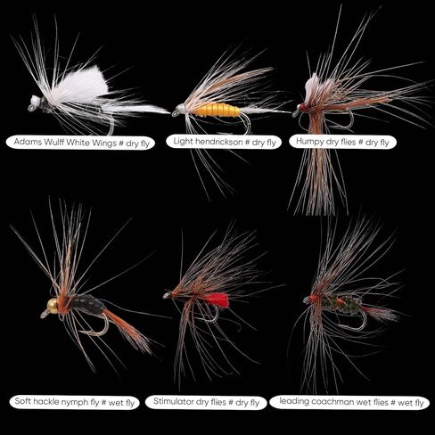 Outus 90 Pcs Fly Fishing Flies Kit Assortment for Trout Bass Salmon - Hand Tied Dry Wet Nymph Streamer Flies Set with 6 Classic Patterns & Sizes #10#12#14, Fly Box Refill Fishing Lures Sets Tackle in Saudi Arabia