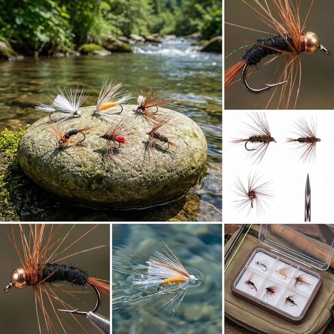 Outus 90 Pcs Fly Fishing Flies Kit Assortment for Trout Bass Salmon - Hand Tied Dry Wet Nymph Streamer Flies Set with 6 Classic Patterns & Sizes #10#12#14, Fly Box Refill Fishing Lures Sets Tackle in Saudi Arabia