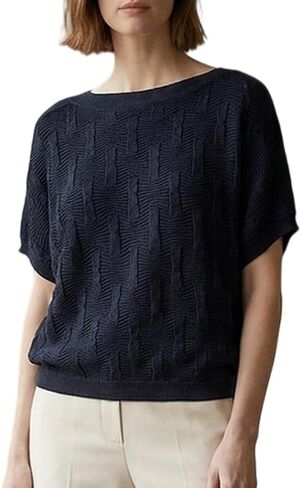 Women Batwing Sleeve Wave Pattern Cropped Knit Top, Trendy Casual Short Sleeve Shirt, Cowl Neck Pullover Sweater in Saudi Arabia