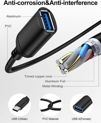 USB C to USB Adapter with Cable, Type C Male to USB-A Female 5Gbps Data Transfer Converter for Flash Drive/Card Reader/External Hard Drive, iPhone 17e/17 Pro Max/16/15, iPad, Galaxy USB C OTG Adapter in Saudi Arabia