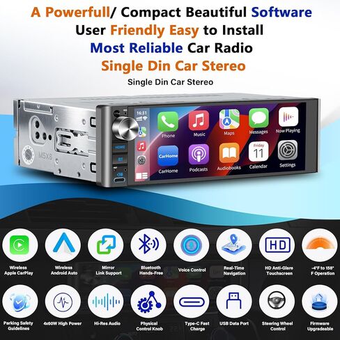 LSLYA Single Din Car Stereo with Wireless Apple CarPlay & Android Auto – 240W Output, 2 Subwoofer Ports, 4-Channel RCA, USB, Bluetooth, SWC, Support Front & Backup Camera – Standard Single DIN Size in Kuwait