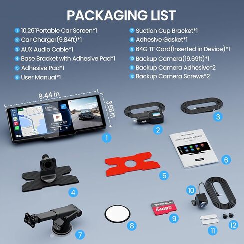 شاشة TECXERLLON المحمولة Apple CarPlay مقاس 10.26 بوصة للسيارة، وتشغيل السيارة اللاسلكية وAndroid Auto، وكاميرا داش 4K وكاميرا احتياطية 1080 بكسل، وOTA، ونظام تحديد المواقع العالمي (GPS)، والتحكم الصوتي، ووصلة المرآة in Kuwait
