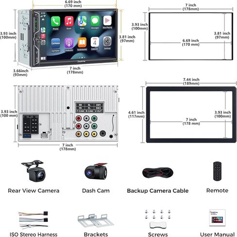 7" QLED Double Din Car Stereo Compatible with Wireless Apple CarPlay & Android Auto, 240W 4.2CH Dual Subwoofer Out, Dash Cam & Backup Camera Included, Bluetooth, Mirrorlink, FM/AM Car Radio in Saudi Arabia