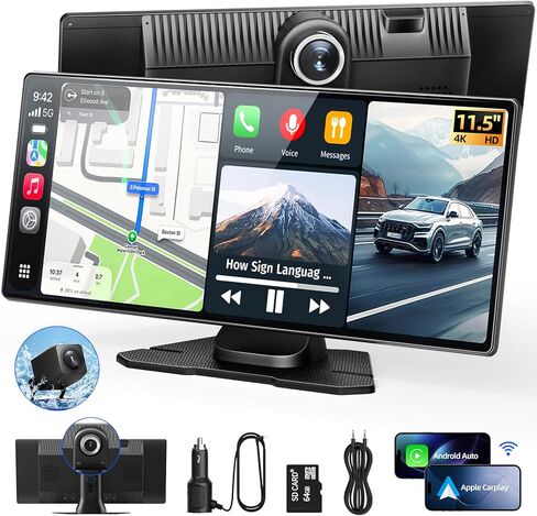 شاشة Apple CarPlay مقاس 11.5 بوصة للسيارة، تشغيل السيارة المحمول وستيريو السيارة بشاشة تعمل باللمس بنظام Android التلقائي مع التحكم في التطبيق، كاميرا داش كام 4K 1080P، كاميرا احتياطية 1080P، نظام تحديد المواقع العالمي (GPS)، التحكم الصوتي، وصلة مرآة FM ل in Saudi Arabia