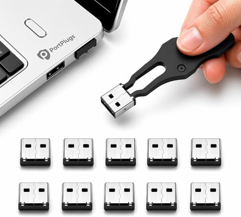 PortPlugs USB-A Port Blocker 10 Pack مع مفتاح، نظام قفل ثنائي النقاط، أقفال معدنية من سبائك الزنك تمنع الوصول غير المصرح به وسرقة البيانات، أمان عالي لأجهزة الكمبيوتر المحمولة وأجهزة الكمبيوتر المكتبية ومحطات العمل، أسود in Kuwait