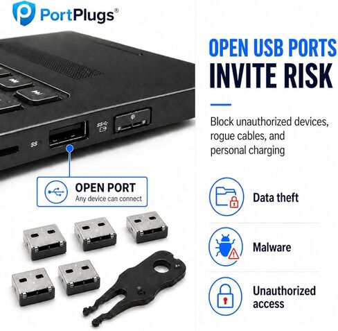 PortPlugs USB-A Port Blocker 10 Pack مع مفتاح، نظام قفل ثنائي النقاط، أقفال معدنية من سبائك الزنك تمنع الوصول غير المصرح به وسرقة البيانات، أمان عالي لأجهزة الكمبيوتر المحمولة وأجهزة الكمبيوتر المكتبية ومحطات العمل، أسود in Kuwait