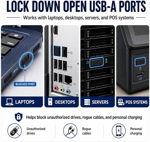 PortPlugs USB-A Port Blocker 10 Pack مع مفتاح، نظام قفل ثنائي النقاط، أقفال معدنية من سبائك الزنك تمنع الوصول غير المصرح به وسرقة البيانات، أمان عالي لأجهزة الكمبيوتر المحمولة وأجهزة الكمبيوتر المكتبية ومحطات العمل، أسود in Kuwait