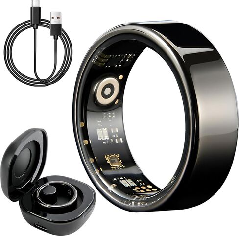 Smart Ring Health Tracker with Charging Cases, IP68 Waterproof & Heart Rate & Sleep Tracking & Zero Fees for iOS+Andriod, Fitness Ring for Men & Women, Size 9-11, Black (11) in Saudi Arabia