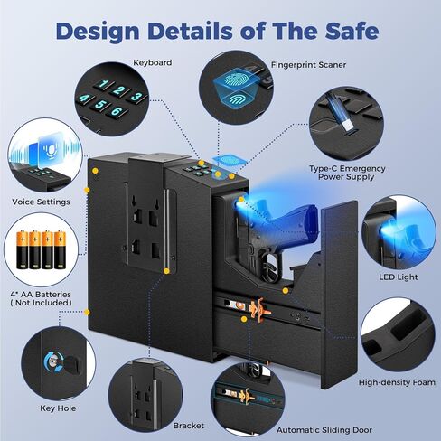 Biometric Gun Safe for Handgun, 0.1 Seconds Quick Access Auto Sliding Door Slider Pistol Safe, Fingerprint Bedside Nightstand Wall Gun Safe Mounted Lock Case, for Home Bed Side Desk Office in Saudi Arabia