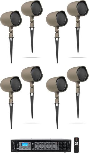 Audiosavings Bundle: (4) Pair JBI GSF3-TN 3" Landscape Ground Stake or Wall Mount 70v Commercial Speaker Bundle with Rockville RCS180-6 180 Watt 6 Zone 70v Restaurant Amplifier/Bluetooth (5 Items) in Saudi Arabia
