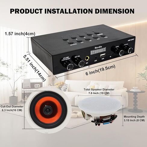 Herdio 6.5" Bluetooth Ceiling Speakers with 8-Channel 4-Zone Amplifier Set, Support Bluetooth 5.4 & Independent Power ON/Off Function for Home Theater, Multi-Room Audio System (8 Speakers) in Saudi Arabia