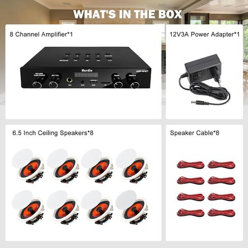 Herdio 6.5" Bluetooth Ceiling Speakers with 8-Channel 4-Zone Amplifier Set, Support Bluetooth 5.4 & Independent Power ON/Off Function for Home Theater, Multi-Room Audio System (8 Speakers) in Saudi Arabia