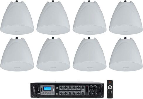 Rockville RCS180-6 Bundle: 180 Watt 6-Zone Commercial Amplifier with Bluetooth, (8) PEN-525T 5.25 in 70V Pendant Speakers 35-Watt RMS 8 Ohm, White, 9 Items in Saudi Arabia
