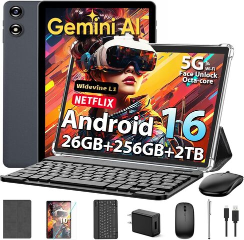 2026 جهاز لوحي Android مع لوحة مفاتيح، جهاز لوحي Android 16 محسن مع 26 جيجابايت + 256 جيجابايت + 2 تيرابايت، كمبيوتر لوحي 10 بوصة مع 8 النواة، Gemini AI، WiFi، 8000 مللي أمبير، GMS، GPS، جهاز لوحي 2 في 1 مع حافظة، ماوس، قلم (أسود) in Kuwait