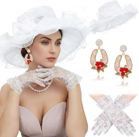 Tradder 3 Pcs Derby Outfits for Women Organza Fascinator Hat Beaded Derby Earrings Gloves Tea Party Outfit for Ladies in Saudi Arabia