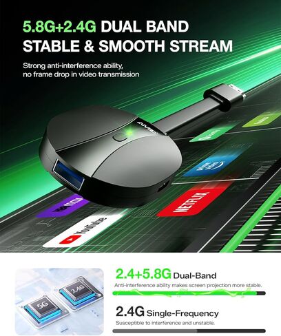 محول دونجل عرض HDMI لاسلكي AIMIBO بمخرج 4K 2160@60 هرتز فائق الدقة، محول Miracast يدعم AirPlay DLNA من i-Phone 17، Android، الكمبيوتر اللوحي، الكمبيوتر المحمول، Windows، Mac-Book إلى التلفزيون/الشاشة/جهاز العرض in Kuwait