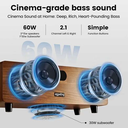 مكبر صوت 2.1 قناة بلوتوث 5.0، صوت قوي مزدوج 15 وات + مضخم صوت 30 وات، بصري/محوري/HDMI ARC/AUX/USB، نظام صوت خشبي لضبط DSP للتلفزيون/الحفلات/الكاريوكي in Kuwait