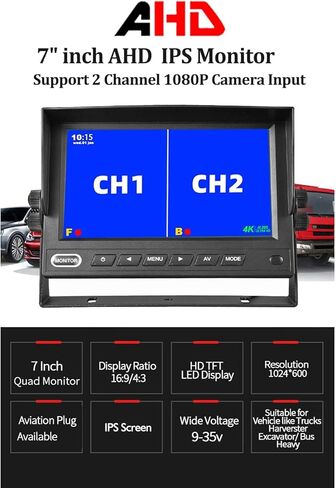 7 Inch IPS LCD Vehicle Monitor for Truck RV, AHD 1080P 500cd/m² High Brightness Backup Camera Display, 12V-35V Rear View Screen with 2 Video Inputs, NTSC/PAL Auto-Switching for Semi-Truck/Bus in Saudi Arabia