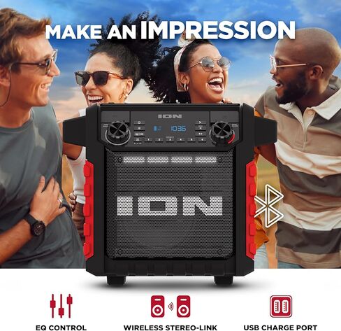مكبر صوت بلوتوث محمول كلاسيكي من ION Tailgater مع بطارية قابلة لإعادة الشحن، راديو FM، منفذ USB، مقاوم للماء IPX5، مكبر صوت 6.5 بوصة، تطبيق، أحمر in Kuwait