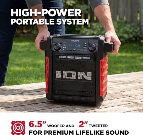 مكبر صوت بلوتوث محمول كلاسيكي من ION Tailgater مع بطارية قابلة لإعادة الشحن، راديو FM، منفذ USB، مقاوم للماء IPX5، مكبر صوت 6.5 بوصة، تطبيق، أحمر in Kuwait