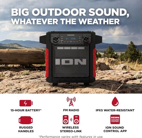 مكبر صوت بلوتوث محمول كلاسيكي من ION Tailgater مع بطارية قابلة لإعادة الشحن، راديو FM، منفذ USB، مقاوم للماء IPX5، مكبر صوت 6.5 بوصة، تطبيق، أحمر in Kuwait