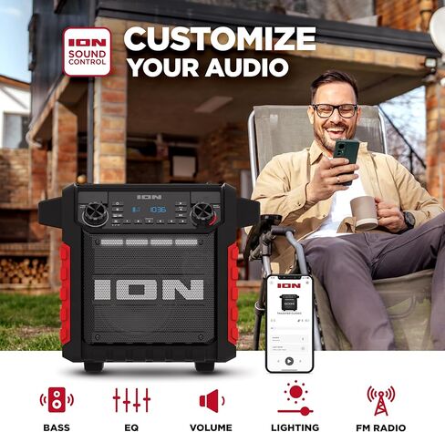 مكبر صوت بلوتوث محمول كلاسيكي من ION Tailgater مع بطارية قابلة لإعادة الشحن، راديو FM، منفذ USB، مقاوم للماء IPX5، مكبر صوت 6.5 بوصة، تطبيق، أحمر in Kuwait