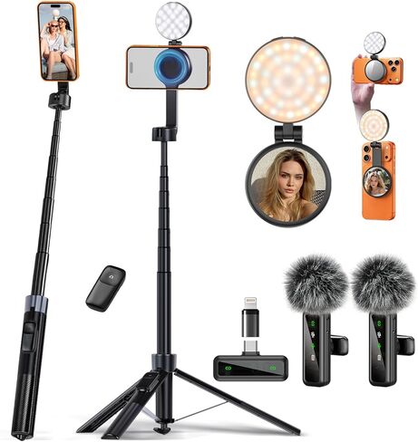 yAyusi 3-in-1 Magnetic Vlogging Kit for iPhone/Android, YouTube Starter Kit, Magnetic Tripod/Microphone/Remote Control, 71" Selfie Stick with Light for YouTube Starter Content Creator Essentials Kit in Saudi Arabia
