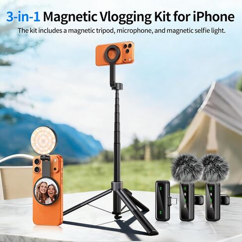 yAyusi 3-in-1 Magnetic Vlogging Kit for iPhone/Android, YouTube Starter Kit, Magnetic Tripod/Microphone/Remote Control, 71" Selfie Stick with Light for YouTube Starter Content Creator Essentials Kit in Saudi Arabia