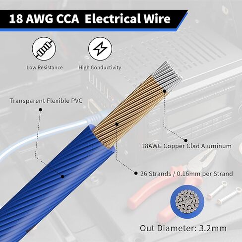 18 Gauge AWG Stranded Primary Remote Hookup Wire 50 FT, Single Conductor CCA Low Voltage Electrical Power/Ground Cable, Easy to Peel for Car Audio Amp Relay LED Automotive, DIY-Blue in Saudi Arabia