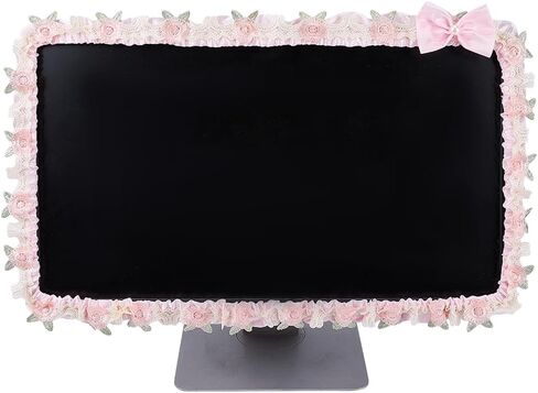 CREATCABIN 23''-26'' Cute Computer Monitor Cover with Bow Tie Lace Pink Computer Monitor Protective Cover Screen Elastic Dustproof Display Furry Bowknot Decoration Protector for PC Tablet Laptop TV in Saudi Arabia