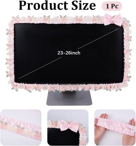 CREATCABIN 23''-26'' Cute Computer Monitor Cover with Bow Tie Lace Pink Computer Monitor Protective Cover Screen Elastic Dustproof Display Furry Bowknot Decoration Protector for PC Tablet Laptop TV in Saudi Arabia