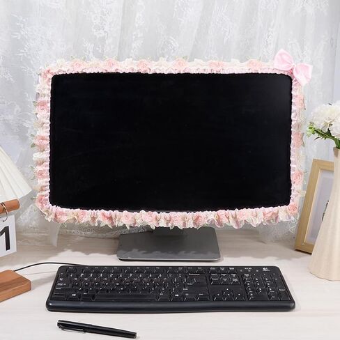 CREATCABIN 23''-26'' Cute Computer Monitor Cover with Bow Tie Lace Pink Computer Monitor Protective Cover Screen Elastic Dustproof Display Furry Bowknot Decoration Protector for PC Tablet Laptop TV in Saudi Arabia