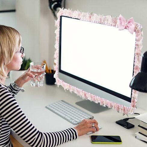 CREATCABIN 23''-26'' Cute Computer Monitor Cover with Bow Tie Lace Pink Computer Monitor Protective Cover Screen Elastic Dustproof Display Furry Bowknot Decoration Protector for PC Tablet Laptop TV in Saudi Arabia