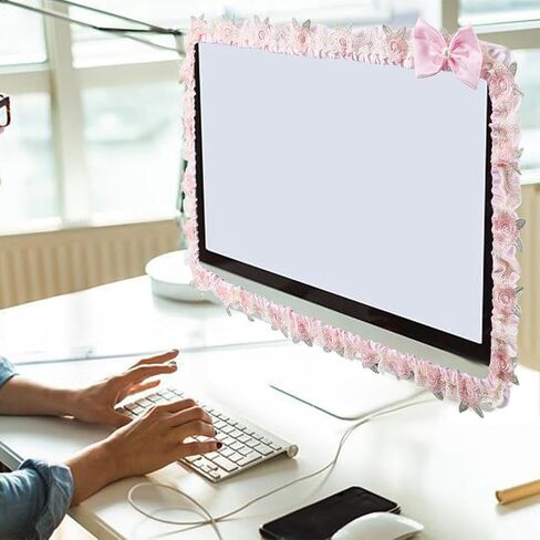 CREATCABIN 23''-26'' Cute Computer Monitor Cover with Bow Tie Lace Pink Computer Monitor Protective Cover Screen Elastic Dustproof Display Furry Bowknot Decoration Protector for PC Tablet Laptop TV in Saudi Arabia