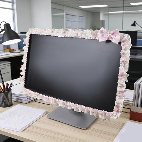 CREATCABIN 23''-26'' Cute Computer Monitor Cover with Bow Tie Lace Pink Computer Monitor Protective Cover Screen Elastic Dustproof Display Furry Bowknot Decoration Protector for PC Tablet Laptop TV in Saudi Arabia