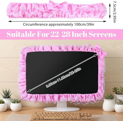 22"-28" Cute Monitor Cover, Lovely Computer Monitors Covers with Bow-Knot, Pink Computer Monitor Decor, Dust Cover Protector, Lace Fabric, Pink in Saudi Arabia