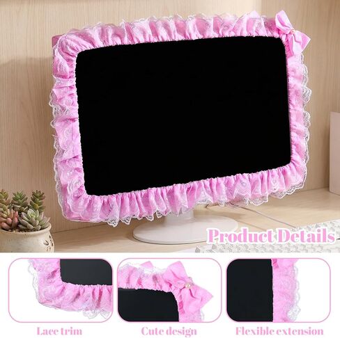 22"-28" Cute Monitor Cover, Lovely Computer Monitors Covers with Bow-Knot, Pink Computer Monitor Decor, Dust Cover Protector, Lace Fabric, Pink in Saudi Arabia