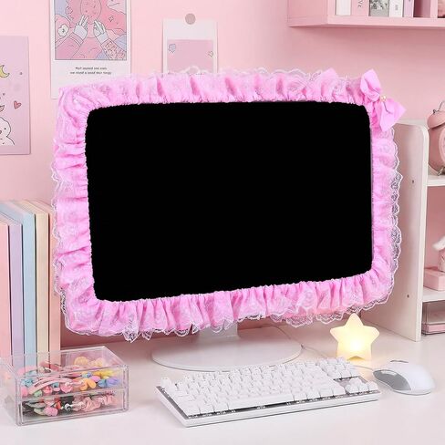 22"-28" Cute Monitor Cover, Lovely Computer Monitors Covers with Bow-Knot, Pink Computer Monitor Decor, Dust Cover Protector, Lace Fabric, Pink in Saudi Arabia