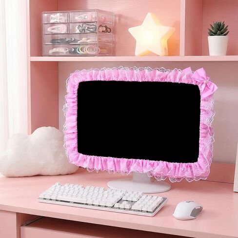 22"-28" Cute Monitor Cover, Lovely Computer Monitors Covers with Bow-Knot, Pink Computer Monitor Decor, Dust Cover Protector, Lace Fabric, Pink in Saudi Arabia