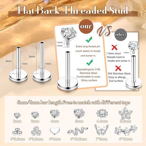 16G 18G أقراط مسطحة الظهر مترابطة داخليًا أقراط مسطحة الظهر 316L الجراحية الصلب Labret مسمار الغضروف القرط الشفاه اللولب محارة الزنمة ثقب المجوهرات in Saudi Arabia