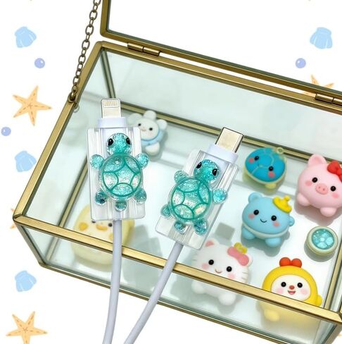 2 Pcs Cute Cable Protectors Compatible for Apple Cables, Charger End Cord Protector with 3D Sparkling Turtle Design, Data Cable Protection Compatible with iPhone iPad USB Type-C/L-Cyan in Saudi Arabia
