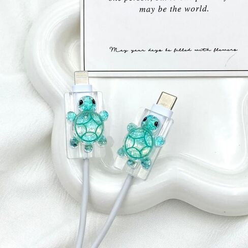 2 Pcs Cute Cable Protectors Compatible for Apple Cables, Charger End Cord Protector with 3D Sparkling Turtle Design, Data Cable Protection Compatible with iPhone iPad USB Type-C/L-Cyan in Saudi Arabia