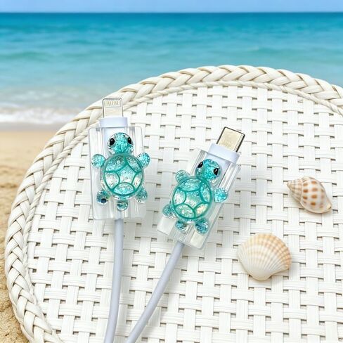 2 Pcs Cute Cable Protectors Compatible for Apple Cables, Charger End Cord Protector with 3D Sparkling Turtle Design, Data Cable Protection Compatible with iPhone iPad USB Type-C/L-Cyan in Saudi Arabia