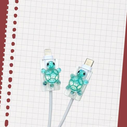 2 Pcs Cute Cable Protectors Compatible for Apple Cables, Charger End Cord Protector with 3D Sparkling Turtle Design, Data Cable Protection Compatible with iPhone iPad USB Type-C/L-Cyan in Saudi Arabia