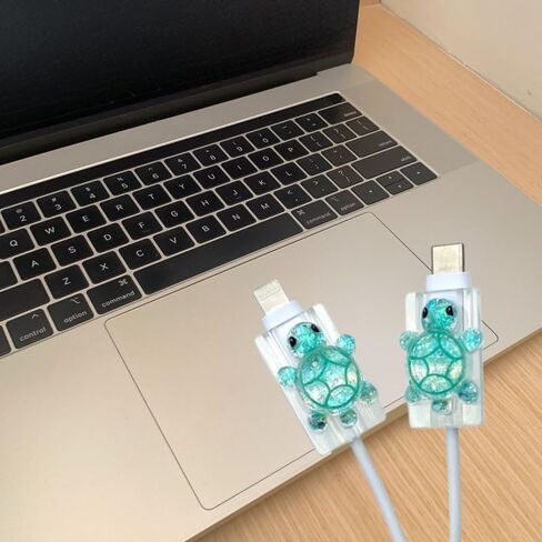 2 Pcs Cute Cable Protectors Compatible for Apple Cables, Charger End Cord Protector with 3D Sparkling Turtle Design, Data Cable Protection Compatible with iPhone iPad USB Type-C/L-Cyan in Saudi Arabia