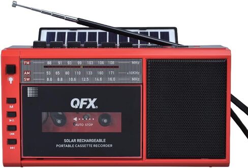 مشغل كاسيت مسجل Boombox مع بلوتوث ولوحة شمسية - راديو AM/FM/SW، بطاقة USB/TF، مقبس سماعة الأذن، ميكروفون مدمج، إضاءة LED - مشغل شريط ريترو محمول - أزرق - QFX in Saudi Arabia