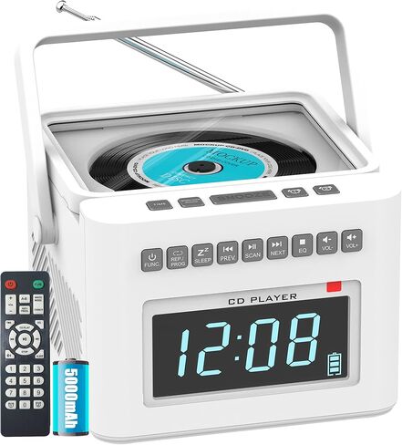 Greadio مشغل أقراص مضغوطة منبه Boombox مع بلوتوث، 5000 مللي أمبير Boombox Clock Radio مع مشغل أقراص مضغوطة، ضوضاء بيضاء، FM/AUX/USB/TF/Dimmer/جهاز تحكم عن بعد، شاشة LCD كبيرة، مشغل راديو CD محمول للمنزل (أبيض) in Kuwait