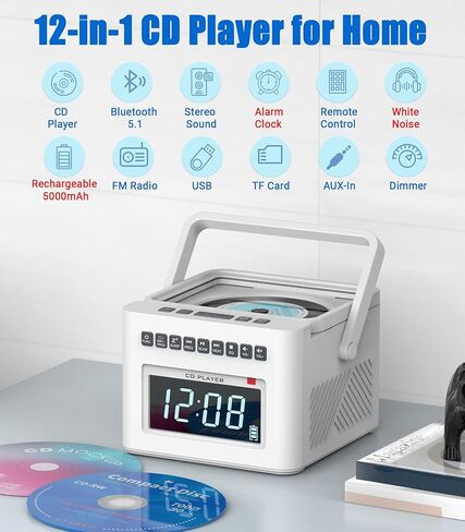 Greadio مشغل أقراص مضغوطة منبه Boombox مع بلوتوث، 5000 مللي أمبير Boombox Clock Radio مع مشغل أقراص مضغوطة، ضوضاء بيضاء، FM/AUX/USB/TF/Dimmer/جهاز تحكم عن بعد، شاشة LCD كبيرة، مشغل راديو CD محمول للمنزل (أبيض) in Kuwait