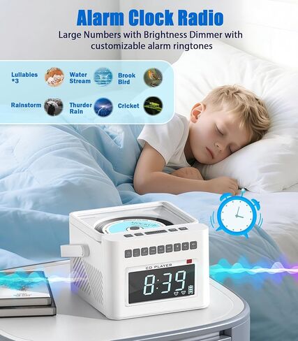 Greadio مشغل أقراص مضغوطة منبه Boombox مع بلوتوث، 5000 مللي أمبير Boombox Clock Radio مع مشغل أقراص مضغوطة، ضوضاء بيضاء، FM/AUX/USB/TF/Dimmer/جهاز تحكم عن بعد، شاشة LCD كبيرة، مشغل راديو CD محمول للمنزل (أبيض) in Kuwait